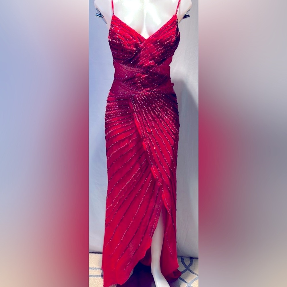 Precious Formals Red Sequin Ruched Gown